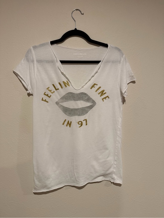 Zadig & Voltaire Tops - Zadig & Voltaire White V-Neck Tee with Gold & Silver Graphic